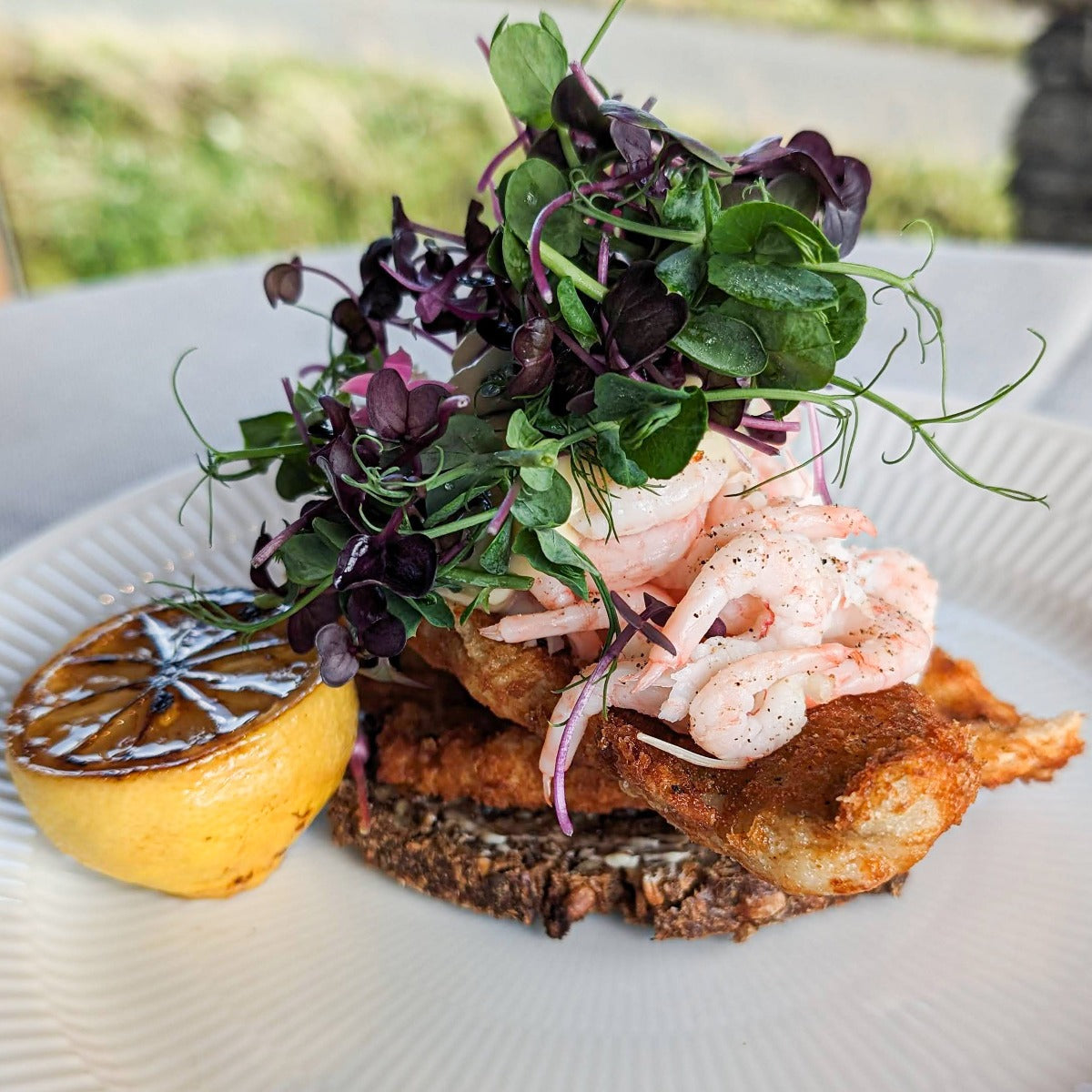 Fiskefilet med håndpillede rejer, grillet citron og mayonnaise